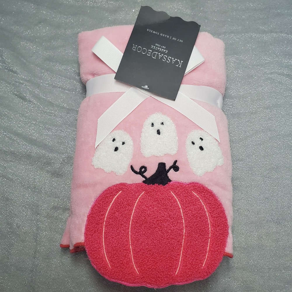 Kassa Decor Pink Halloween Ghost Pumpkin Hand Towels Set of 2 100% Cotton NEW